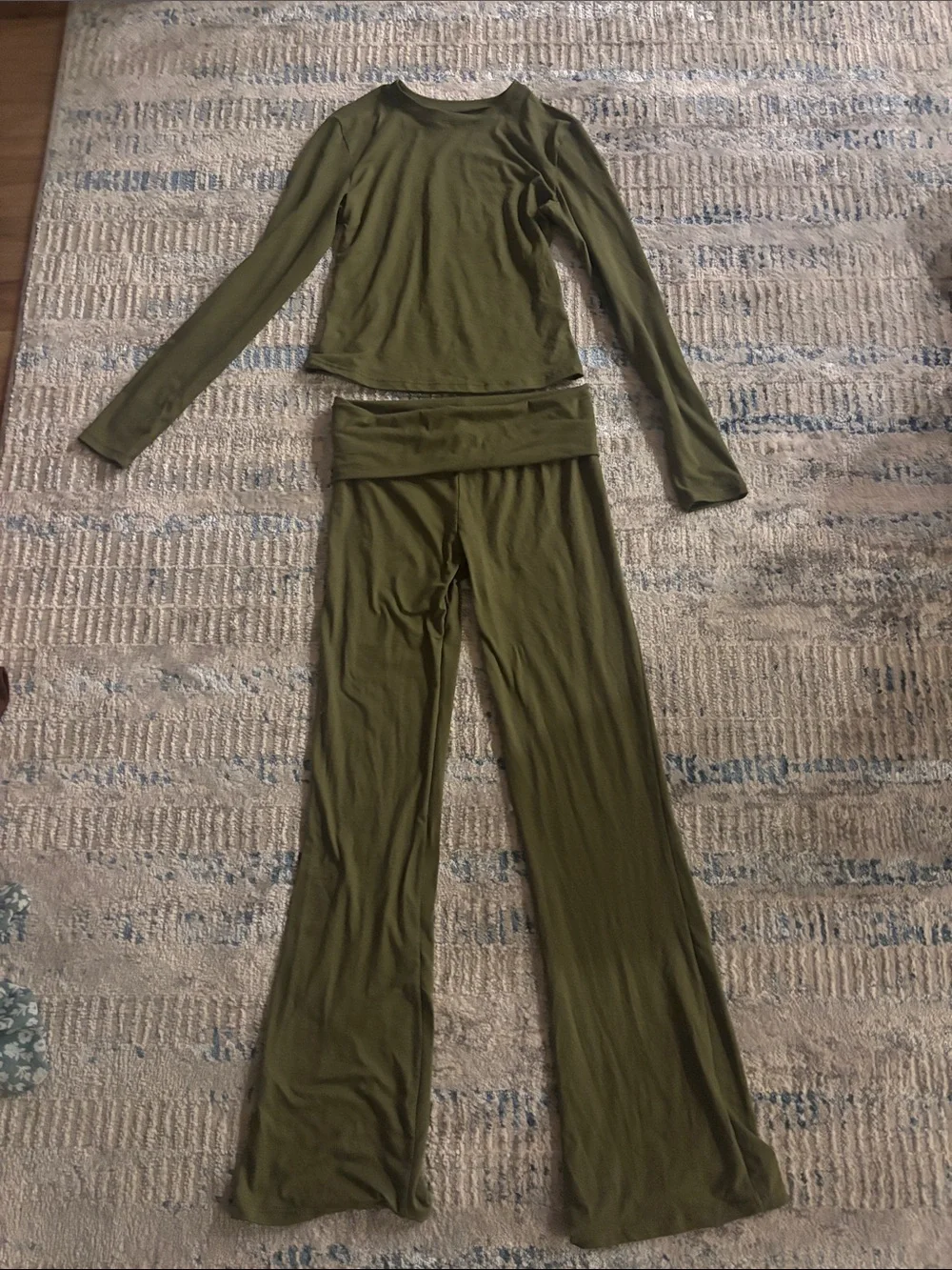 Amazon Olive Green Women's Long Sleeve Pajama Top & Fold-Over Waist Pants